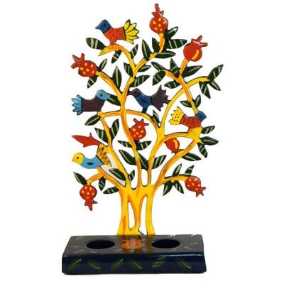 Yair Emanuel Painted Metal Lazer Cut Pomegranate and Birds Shabbat Candlesticks